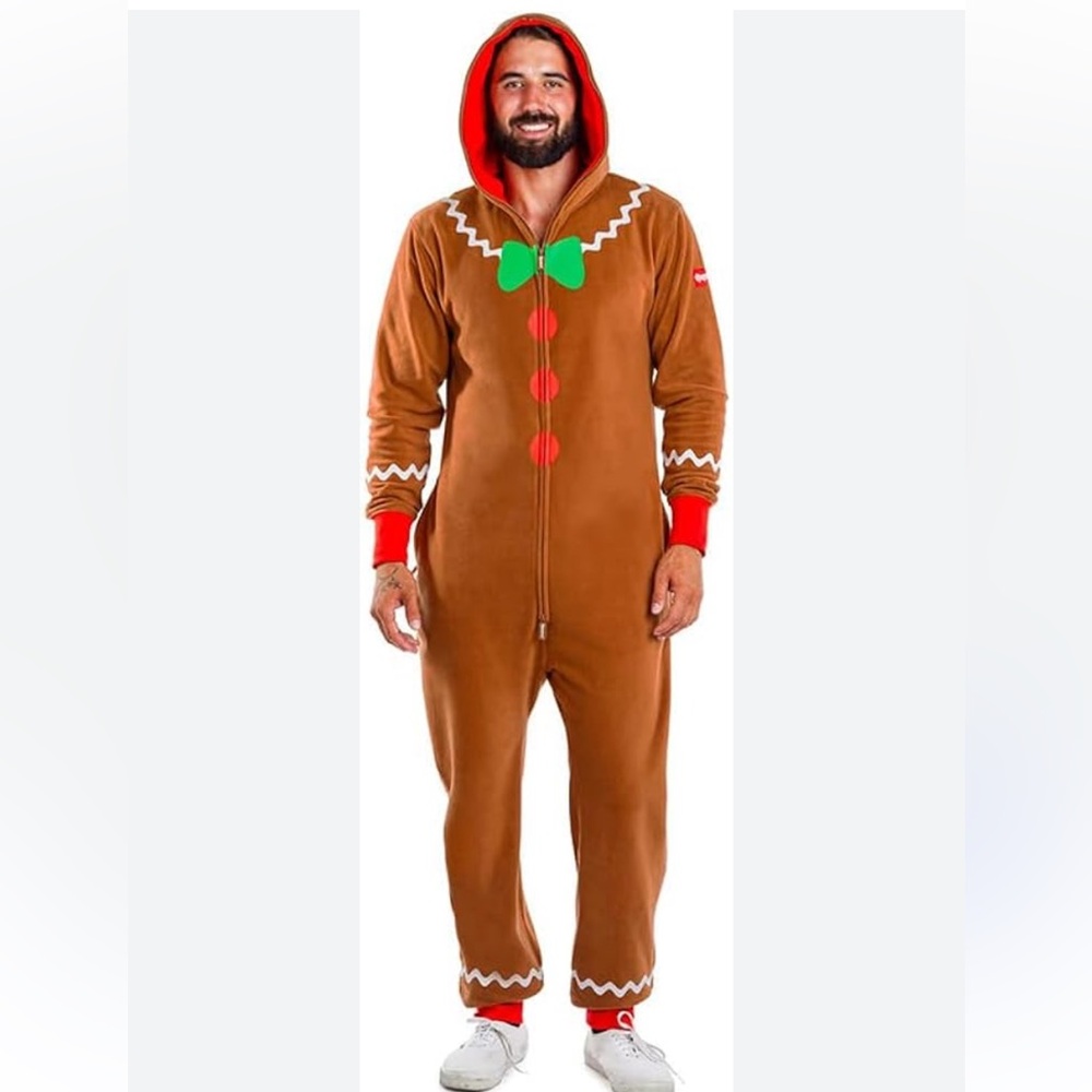 NWT Tipsy‎ Elves Men's Gingerbread Man Jumpsuit Brown Hooded Christmas